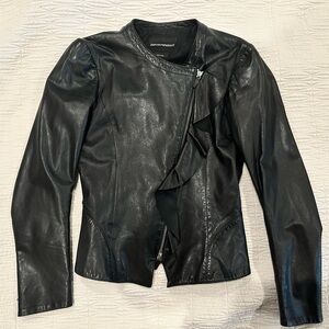 Emporio Armani Black Leather Jacket with Ruffle Detail